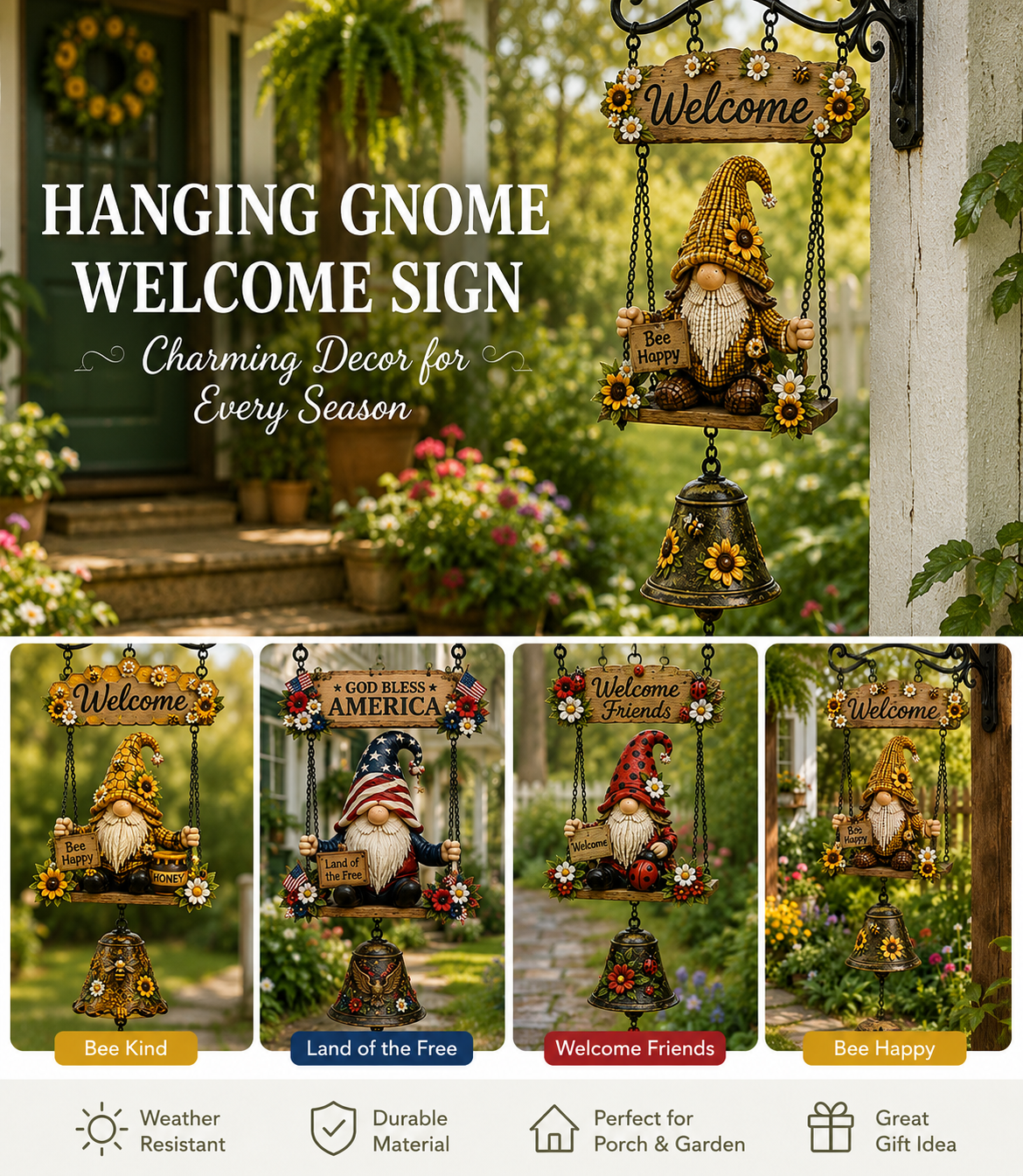 🔥Limited time 49% OFF – Rustic Garden Gnome Bell Outdoor Decor 🐞🌼