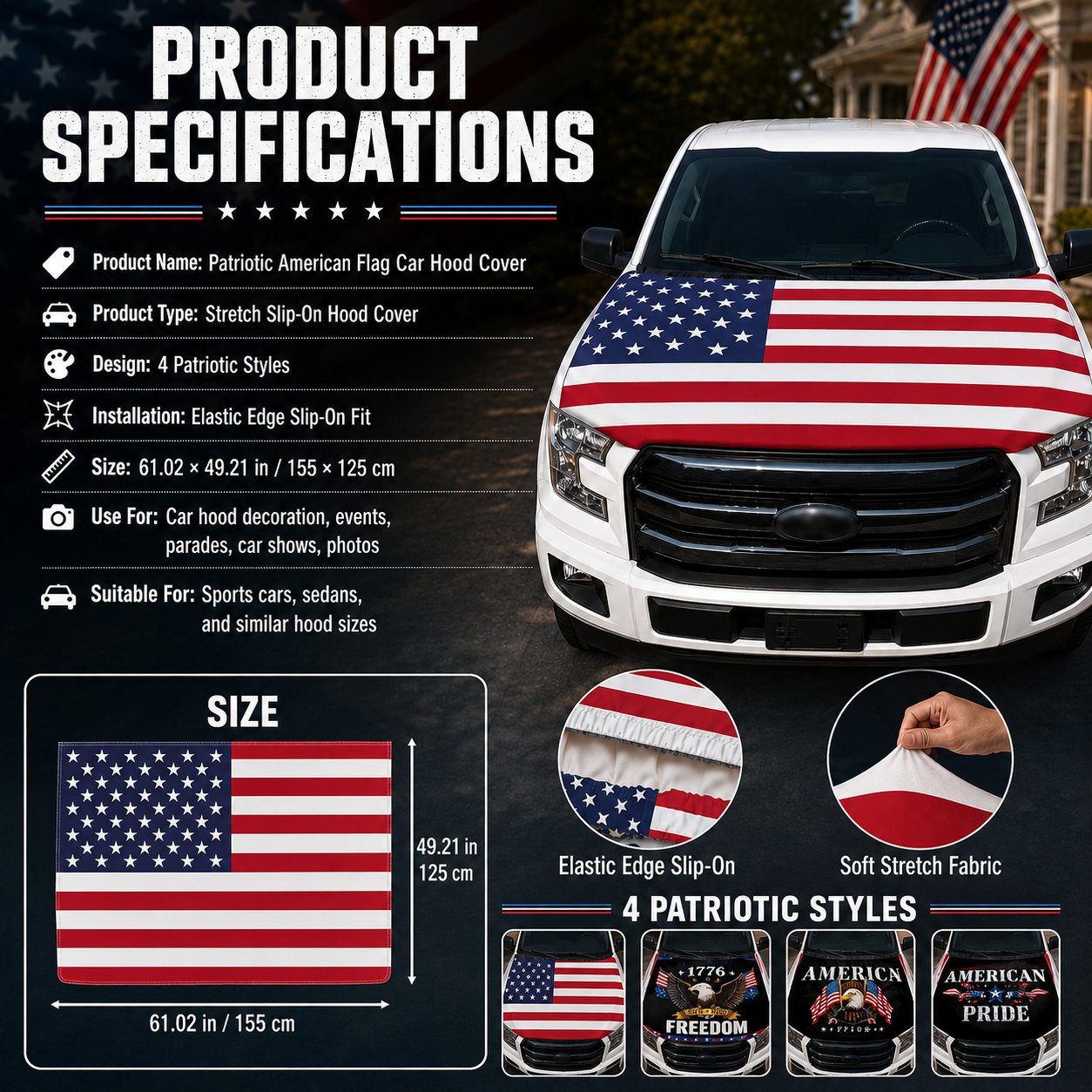 🔥Limited time 49% OFF🚗Patriotic American Flag Car Hood Cover