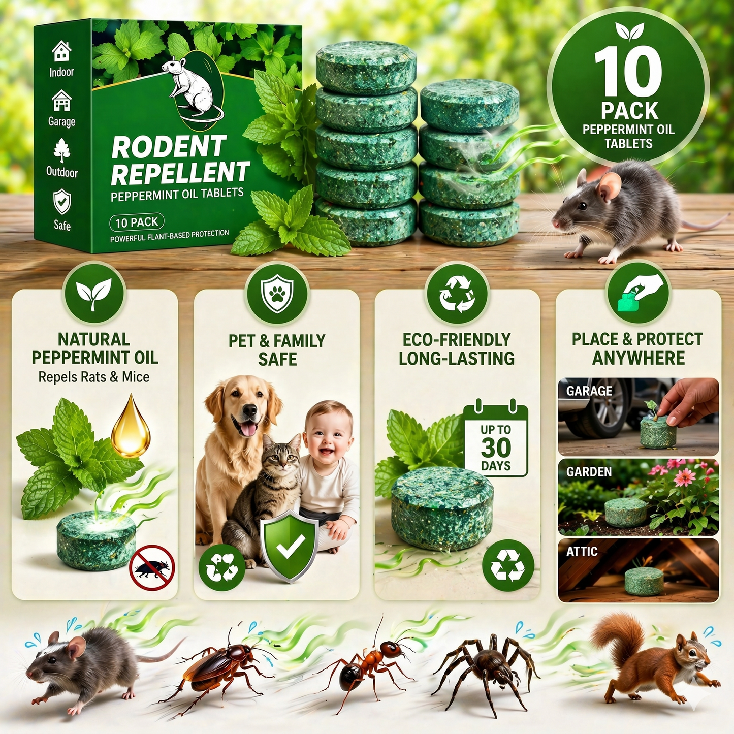 🏆Flash Sale 5K+ SOLD!🔥🟢 Natural Peppermint Rodent Repellent Tablets – 10 Pack