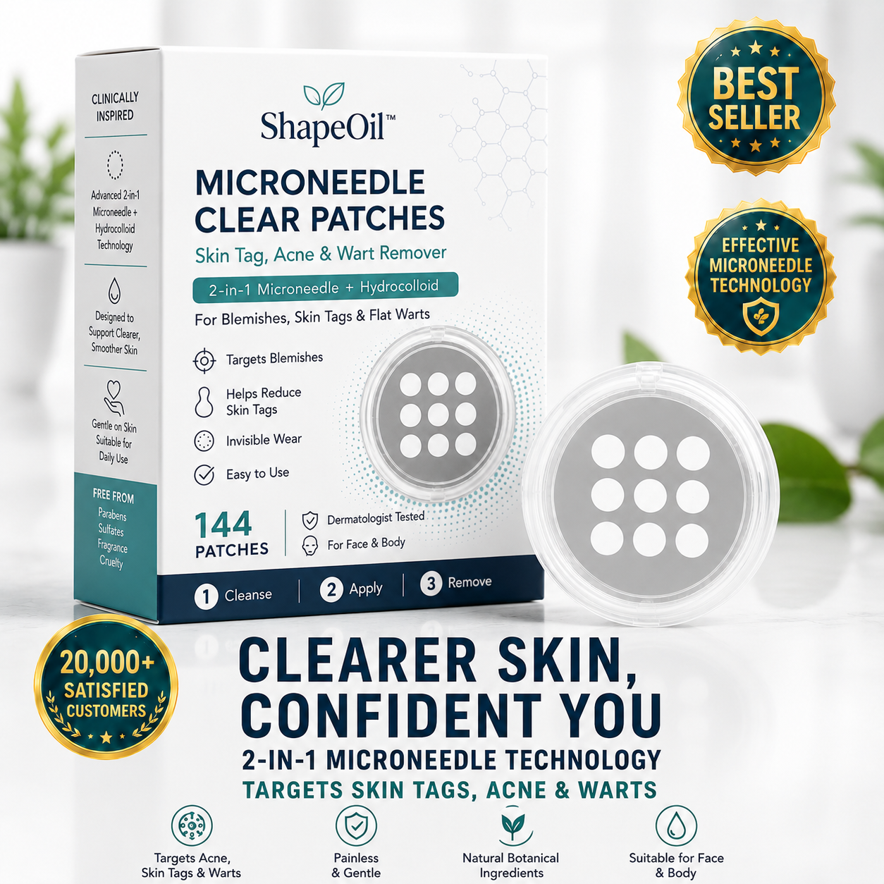 ✨ShapeOil®2-in-1 Microneedle & Hydrocolloid Patch🍀| Removes Raised Moles, Acne, Flat Warts & Skin Tags | Helps Improve Wrinkles, Scars & Blemishes | Invisible Patches for Face & Body